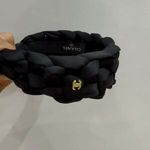 CHANEL Black Braided Headband with Gold Logo